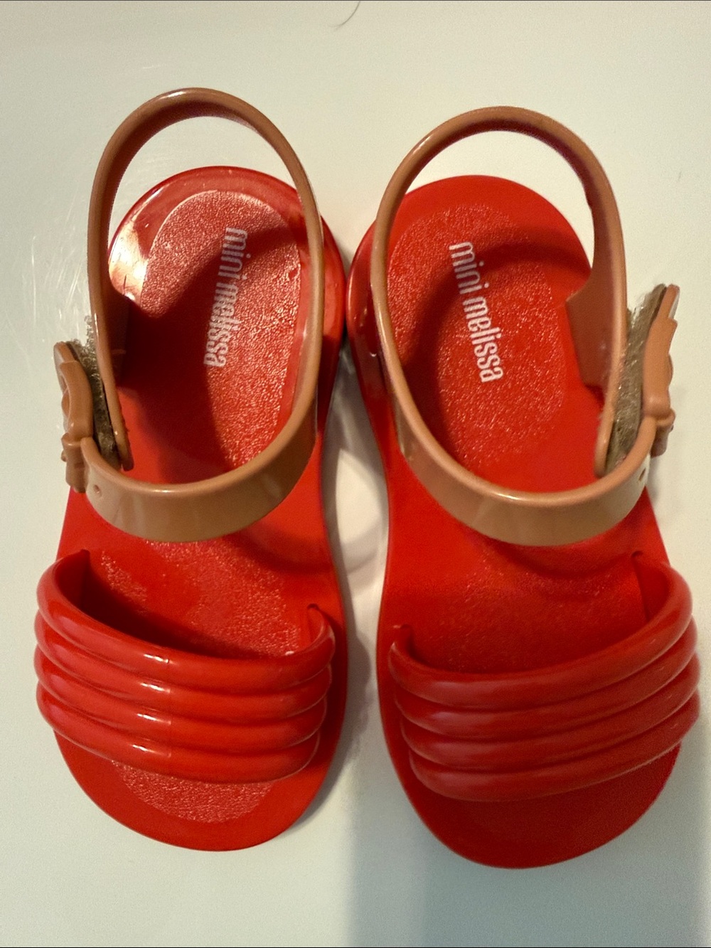 Mini Melissa Bright Orange Girls Sandals with Tan Ankle Strap